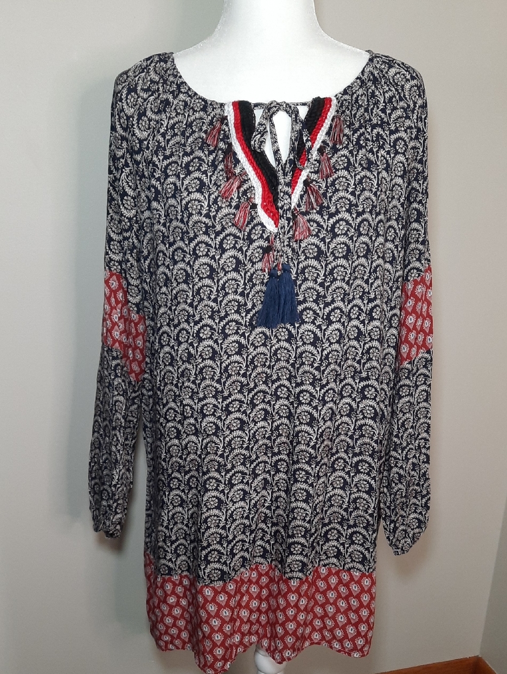 Umgee Navy and Brick Red Long Sleeve Tassel Tie Boho Tunic or Mini Dress